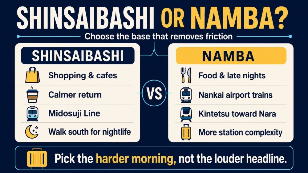 Shinsaibashi and Namba compared for shopping, cafes, nightlife, airport trains, Nara access and station complexity