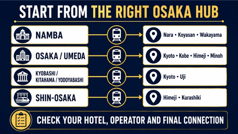 Osaka departure hubs for day trips from Namba, Osaka-Umeda, Keihan central stations, and Shin-Osaka