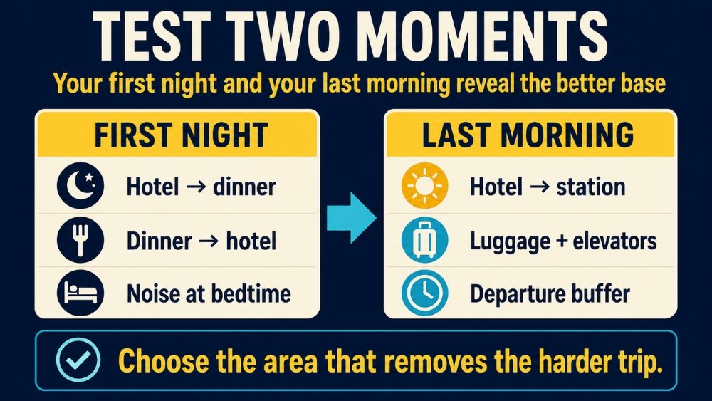 First-night hotel, dinner and noise checks compared with last-morning station, luggage and departure-buffer checks