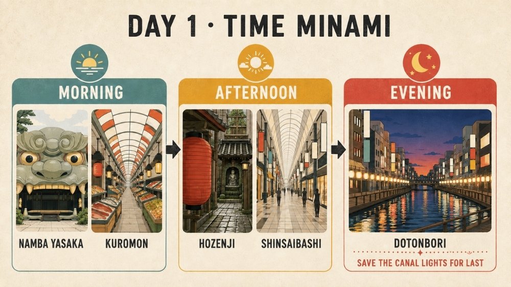 Morning-to-evening Minami plan showing Namba Yasaka Shrine and Kuromon Market first, Hozenji and Shinsaibashi in the afternoon, and Dotonbori after dark