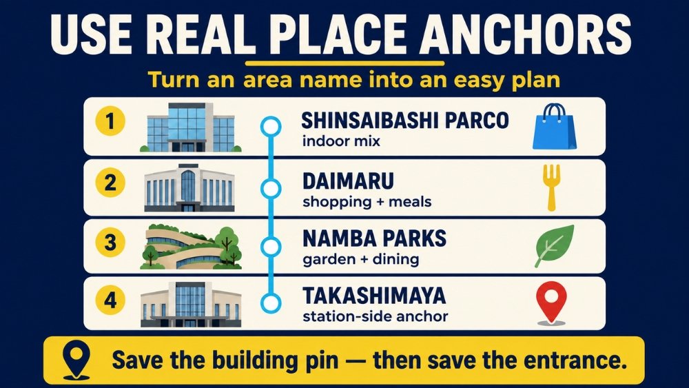 Four practical Minami anchors: Shinsaibashi PARCO, Daimaru, Namba Parks and Takashimaya, connected from north to south
