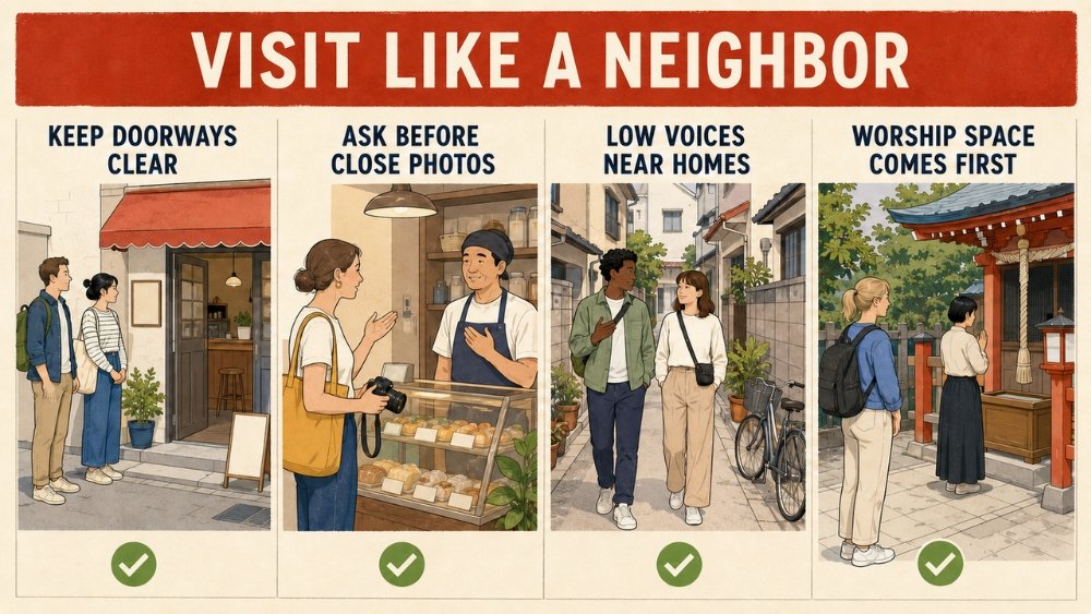 Four etiquette scenes showing clear doorways, permission before close photographs, low voices near homes and priority for worshippers in shrine spaces