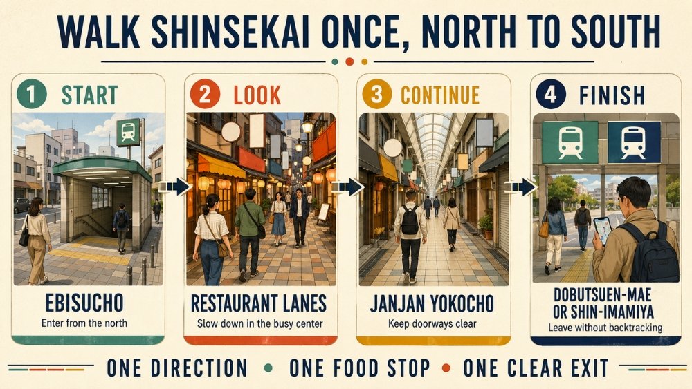 Four-step Shinsekai walking route from Ebisucho through the restaurant lanes and Janjan Yokocho to Dobutsuen-mae or Shin-Imamiya