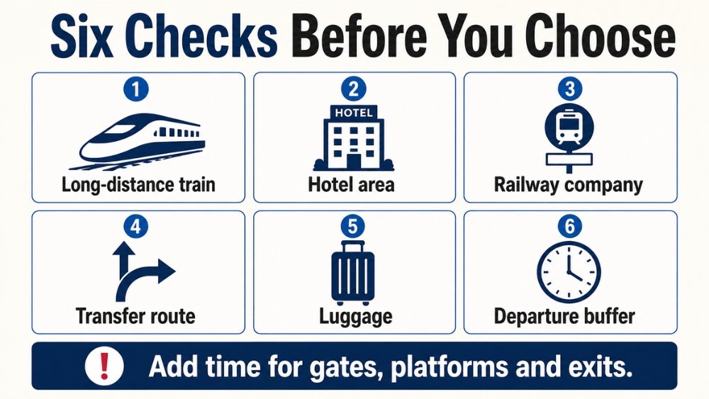 Six checks covering train, hotel area, operator, route, luggage, and departure buffer