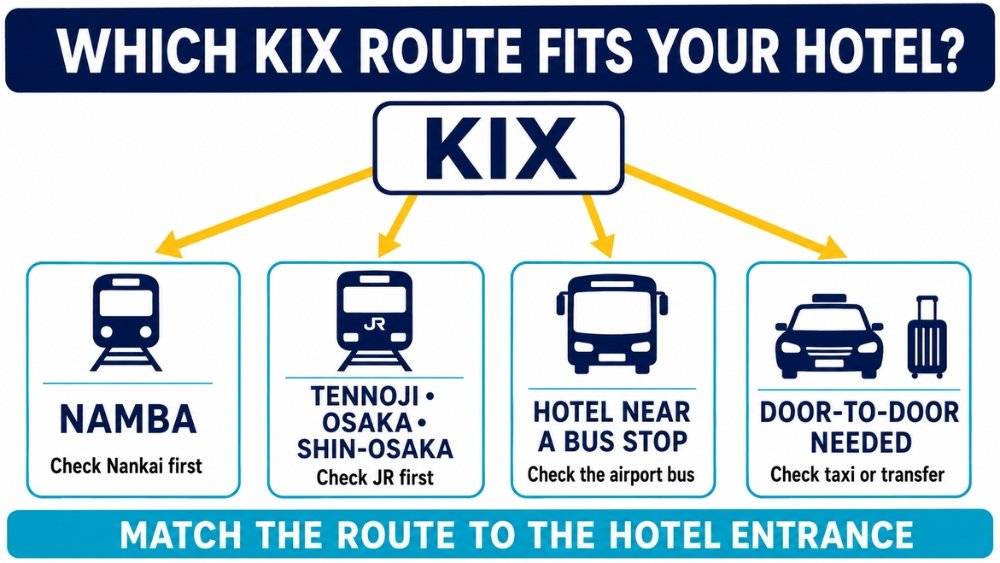 Four independent routes from KIX to Namba, JR destinations, a hotel bus stop, or door-to-door transport