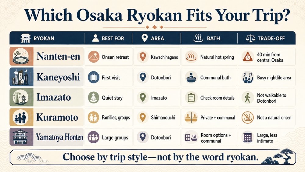 Comparison chart of five Osaka ryokan by best use, area, bath type, and main trade-off