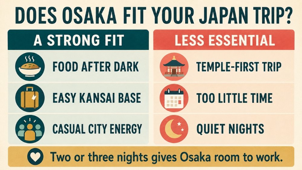 A comparison of the trips that suit Osaka and those where it is less essential