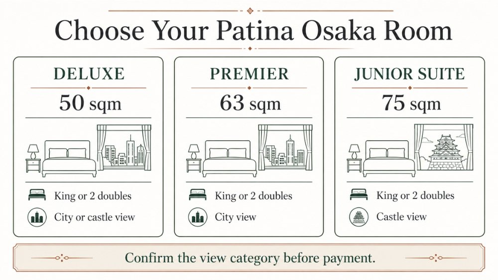Comparison of Deluxe, Premier, and Junior Suite sizes, beds, and views at Patina Osaka