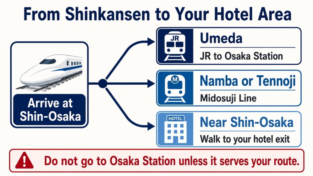 Three route choices from Shin-Osaka to Umeda, Namba or Tennoji, and nearby hotels