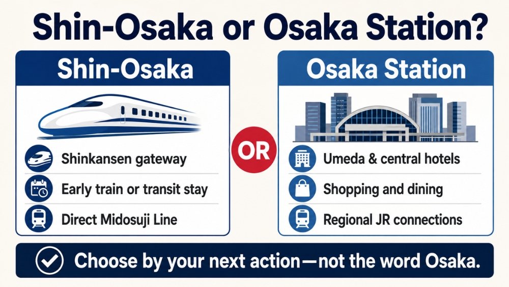 Shin-Osaka and Osaka Station compared by Shinkansen, hotel, shopping, and regional-train needs