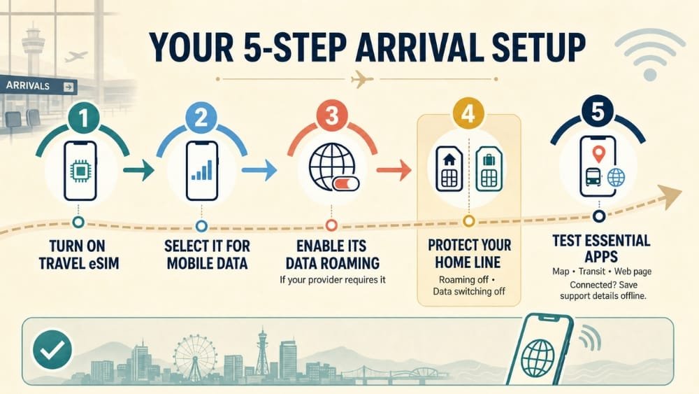 Five-step Japan arrival eSIM setup: turn on the travel line, select it for mobile data, enable its data roaming, protect the home line from roaming, and test essential apps.