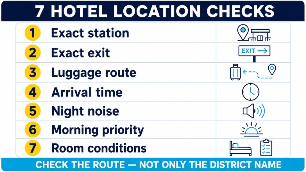 Seven checks covering station, exit, luggage route, arrival time, noise, morning priority, and room conditions