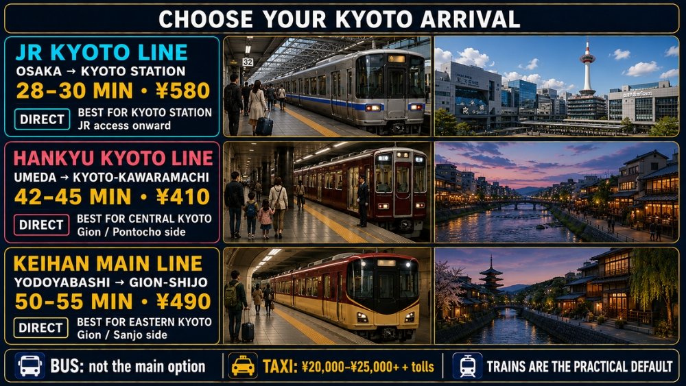 Three illustrated Osaka-to-Kyoto rail corridors comparing JR to Kyoto Station, Hankyu to Kyoto-Kawaramachi and Keihan to Gion-Shijo, with current times and fares.