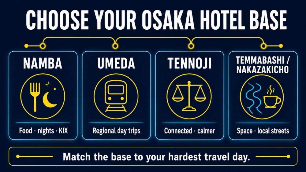 Four-way Osaka hotel-base guide matching Namba, Umeda, Tennoji and quieter east-central neighborhoods to different trip priorities
