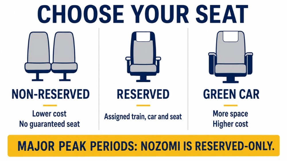 Comparison of non-reserved, reserved, and Green Car Shinkansen seating
