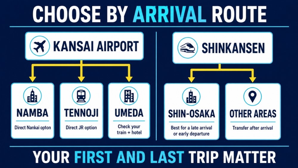 Branching arrival guide from Kansai Airport and the Shinkansen to five Osaka-area choices
