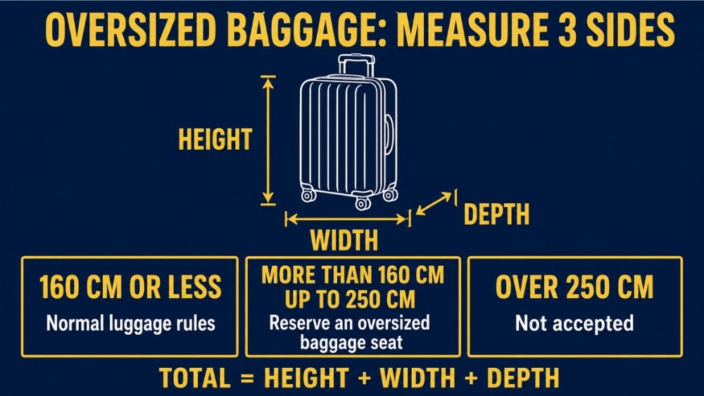 Shinkansen oversized baggage rules using the total of suitcase height, width, and depth