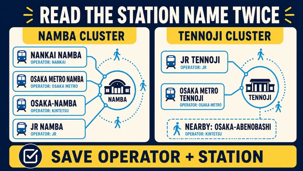 Station-name guide comparing the four Namba stations with JR Tennoji, Osaka Metro Tennoji and nearby Osaka-Abenobashi