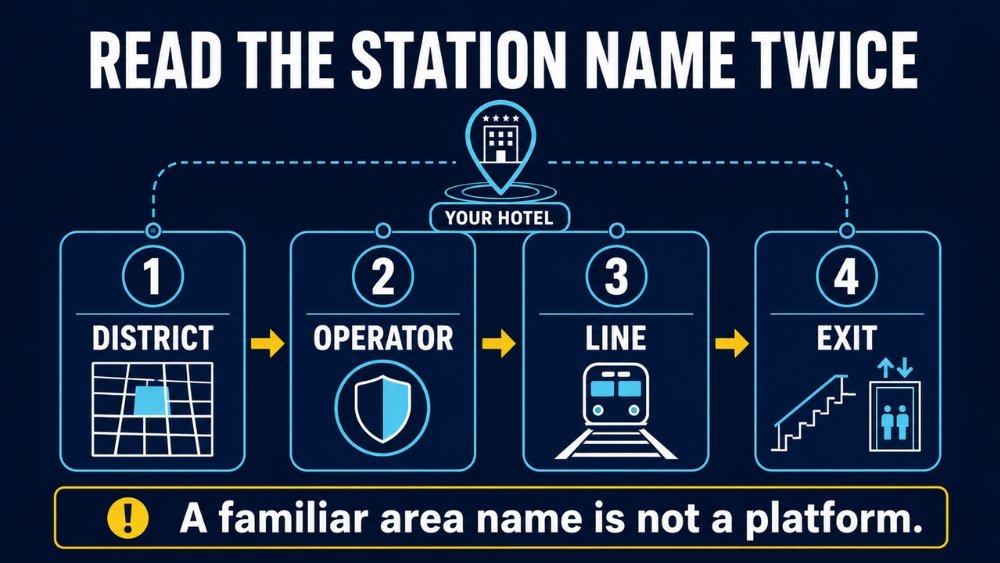 Osaka hotel booking checklist showing that district name, railway operator, line and station exit must all match