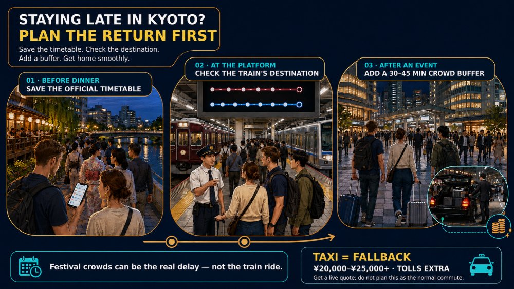 Late-evening return plan from Kyoto to Osaka showing timetable checking, destination confirmation, crowd buffer and taxi fallback.