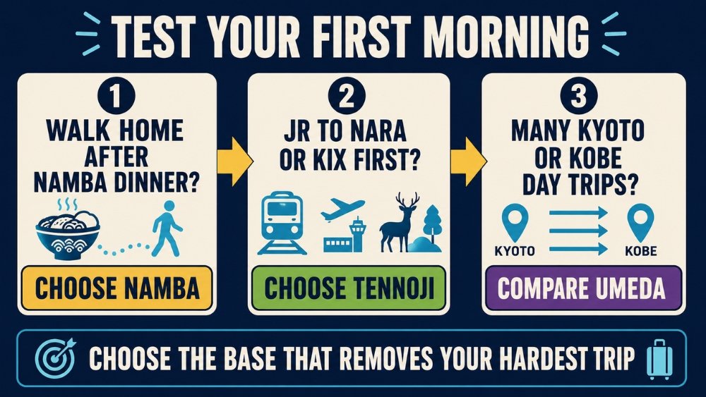 Three-question decision guide recommending Namba, Tennoji or a comparison with Umeda based on the traveler’s hardest trip