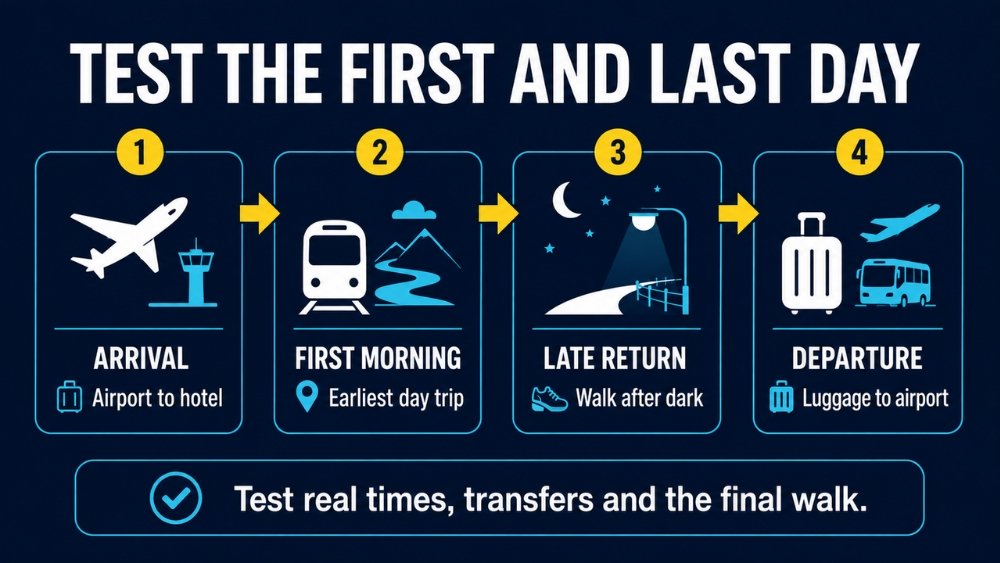 Four-step Osaka hotel-base test covering airport arrival, first morning, late return and departure with luggage