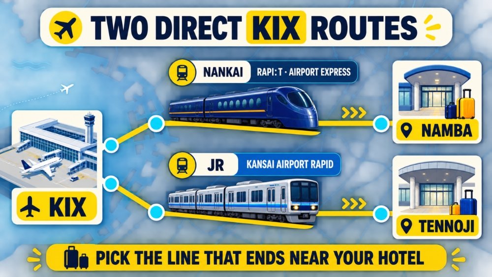 Diagram showing Nankai trains from Kansai Airport to Namba and the JR Kansai Airport Rapid to Tennoji