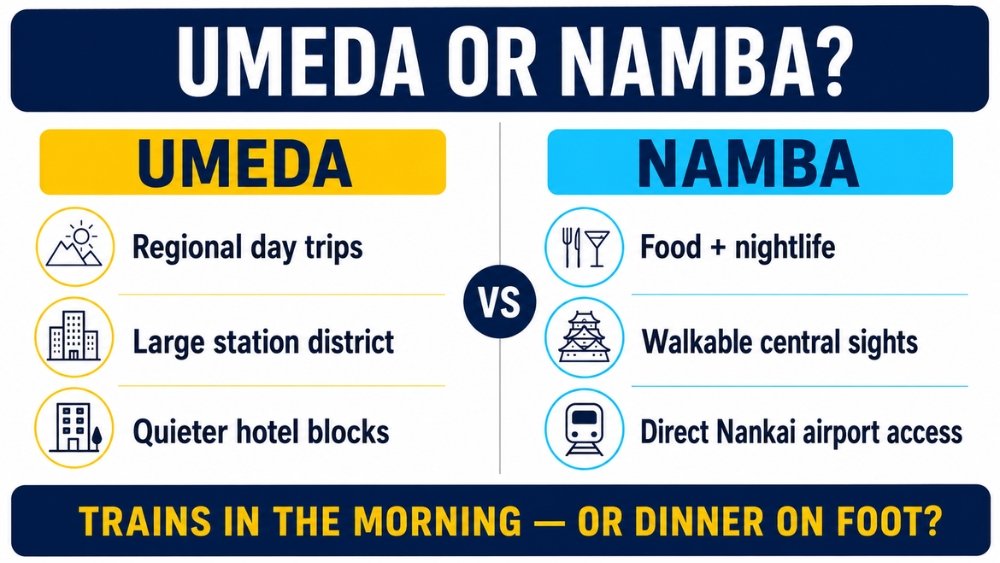 Umeda and Namba compared for regional trains, station scale, hotel blocks, food, nightlife, and airport access