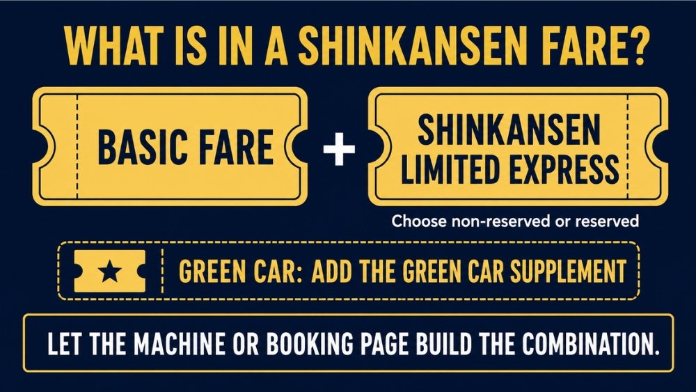 Shinkansen fare equation showing basic fare plus Shinkansen limited-express charge and optional Green Car supplement