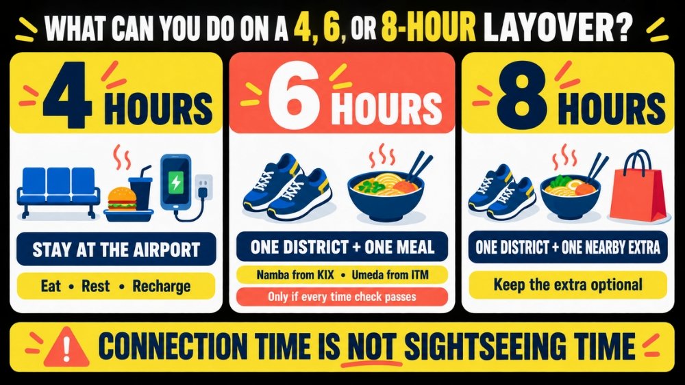 Osaka layover guide showing what to do with 4, 6, or 8 hours between flights.