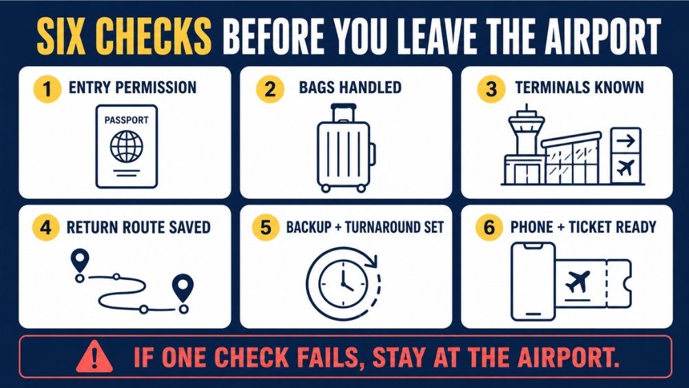 Six-point checklist to complete before leaving the airport during a layover.