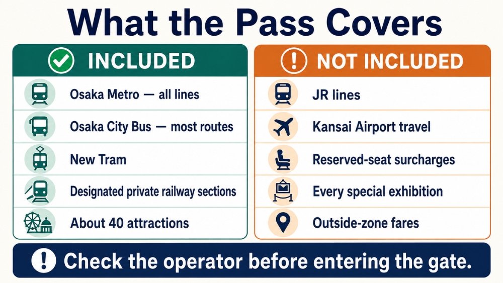 Included and excluded Osaka Amazing Pass transport and attraction categories