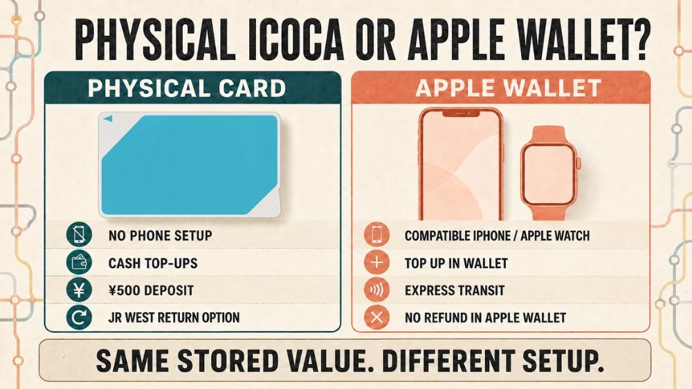 Comparison of a physical ICOCA card and ICOCA in Apple Wallet.