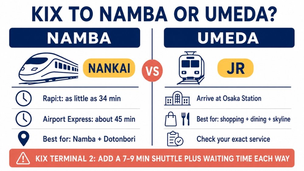 Comparison of train options from Kansai Airport to Namba and Umeda.