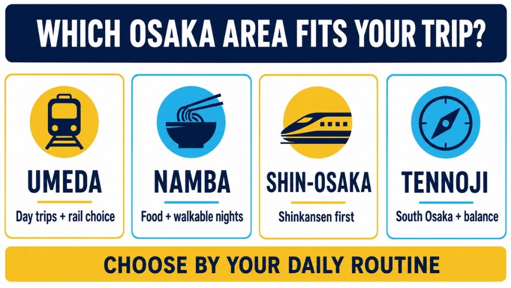 Four Osaka hotel areas compared by day trips, food and nightlife, Shinkansen use, and south Osaka balance