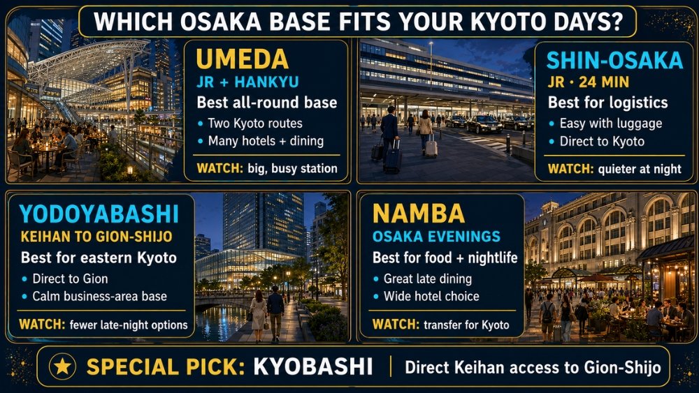 Four-panel comparison of Umeda, Shin-Osaka, Yodoyabashi and Namba as Osaka hotel bases for Kyoto sightseeing.