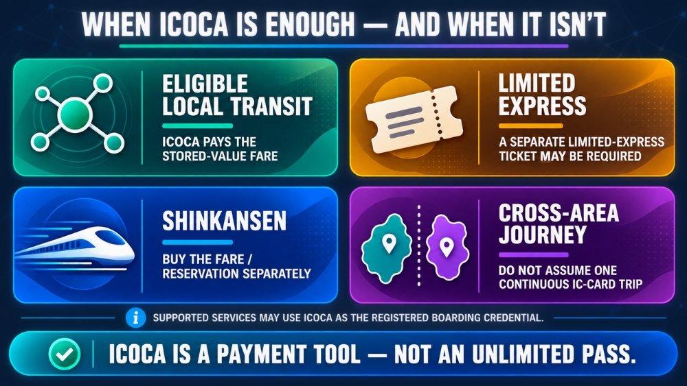 Guide to when ICOCA works for transit and when separate tickets are required.